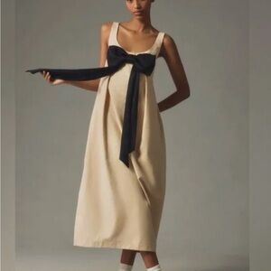 Anthropologie Maeve Cream Midi Dress with Black Bow Accent